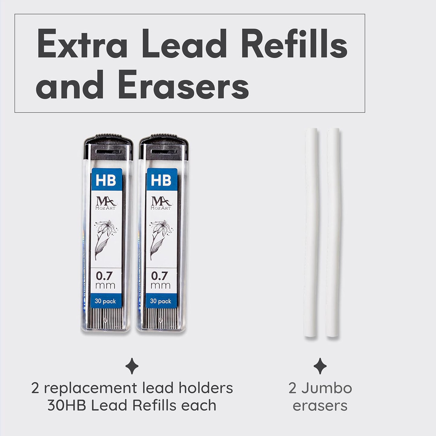 Mozart Essential Set of Lead Refills - 4 Sizes: 0.3, 0.5, 0.7 & 0.9 mm with 100 HB Lead Refills for Each - for Sketch, Architecture, Drafting, Art, Drawing Supplies, Metal Mechanical Pencils