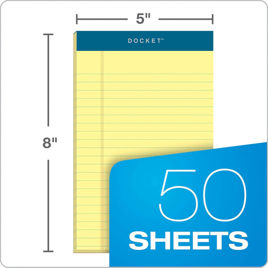 TOPS 5 x 8 Legal Pads, 12 Pack, Docket Brand, Narrow Ruled, Yellow Paper, 50 Sheets Per Writing Pad, Made in the USA (63350)