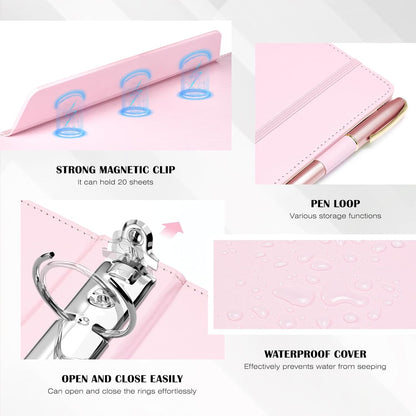 Ospelelf Glitter Leather Clipboard Binder 1 Inch, Magnetic Clipboard Folio Organizer with 5 Pocket Dividers & Zipper Pouch, Cute 3 Ring Document Organizer Binder for Office, Glitter Pink