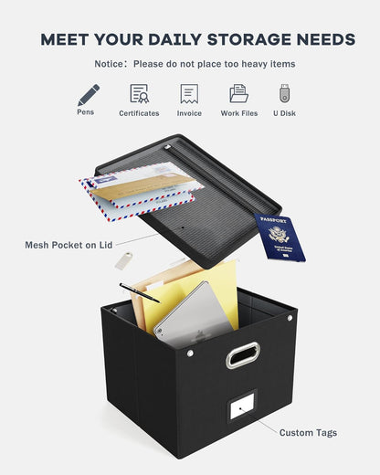 Oterri File Organizer Box with Lid, Hanging Filing File Box with Mesh Pocket, Document Organizer Box for Letter Files, Portable Storage Box with Smooth Sliding Rail for Office&Home (1 PCS, Beige)