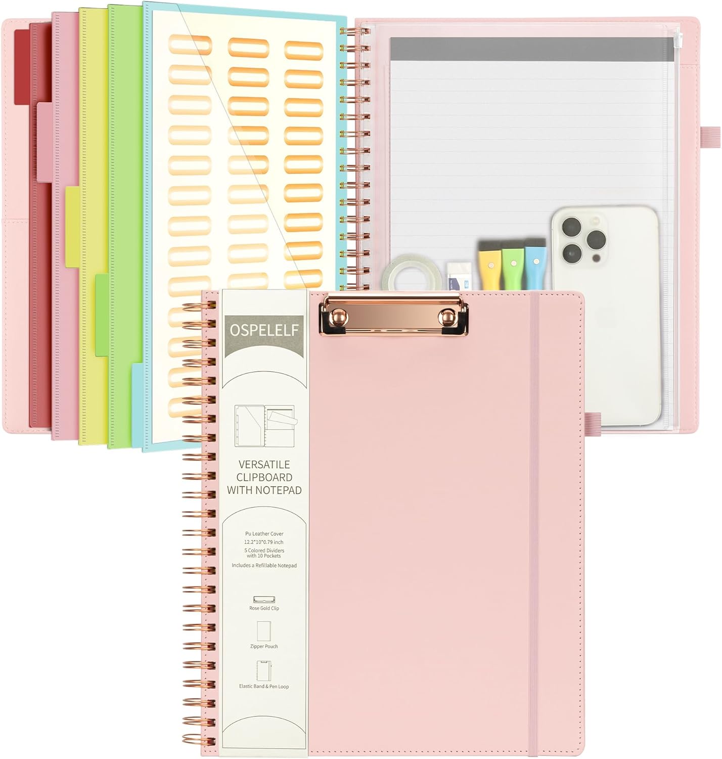 Ospelelf Leather Clipboard Folio with Notepad for Letter Size, Spiral Clipboard Folder with Storage Zipper Pouch, 5 Folders with 10 Pockets, 39 Divider Label Stickers, Pen Loop Series (Green)