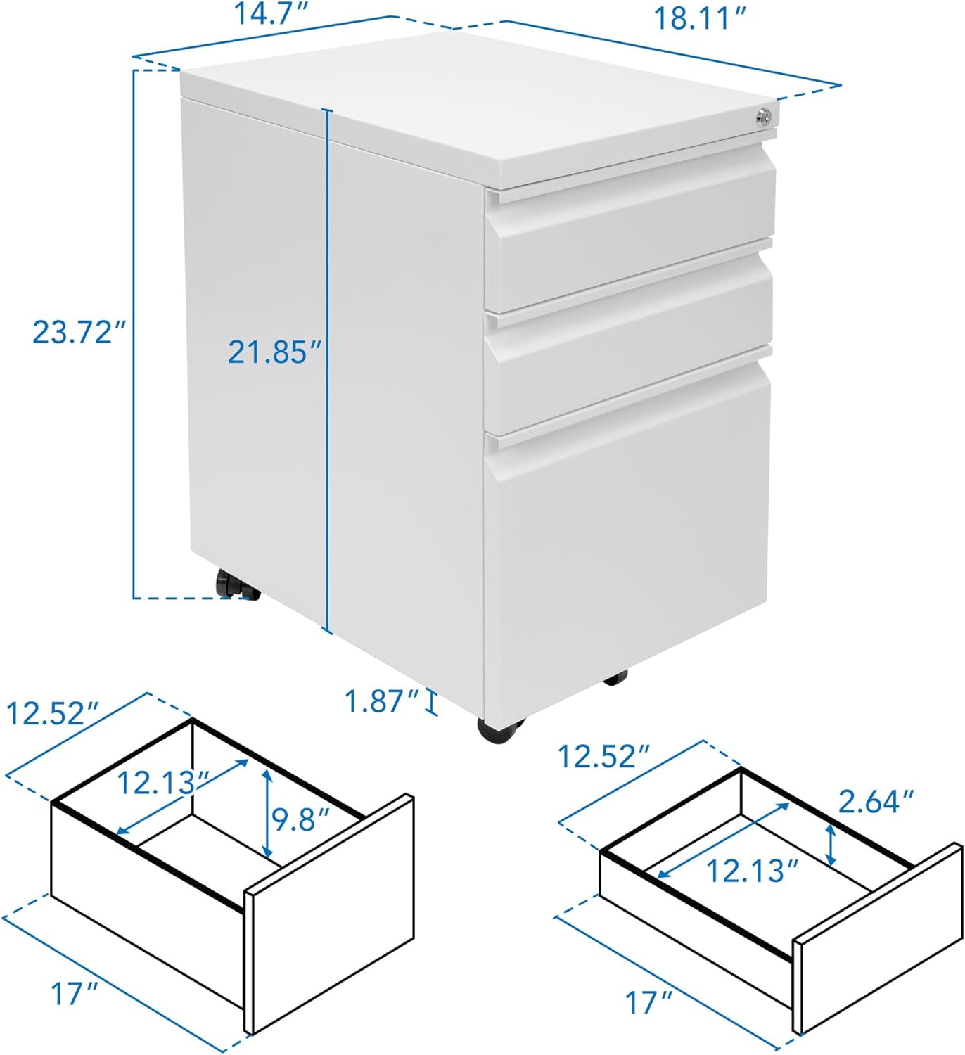 Mount-It! 3 Drawer File Cabinet with Lock and Wheels, Heavy-Duty Steel Rolling Drawer Cabinet, Fully Assembled Under Desk Filing Cabinet for Home Office Storage, 15.3" W x 19.75" D x 24.5" H, Black