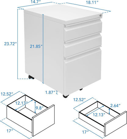 Mount-It! 3 Drawer File Cabinet with Lock and Wheels, Heavy-Duty Steel Rolling Drawer Cabinet, Fully Assembled Under Desk Filing Cabinet for Home Office Storage, 15.3" W x 19.75" D x 24.5" H, Black