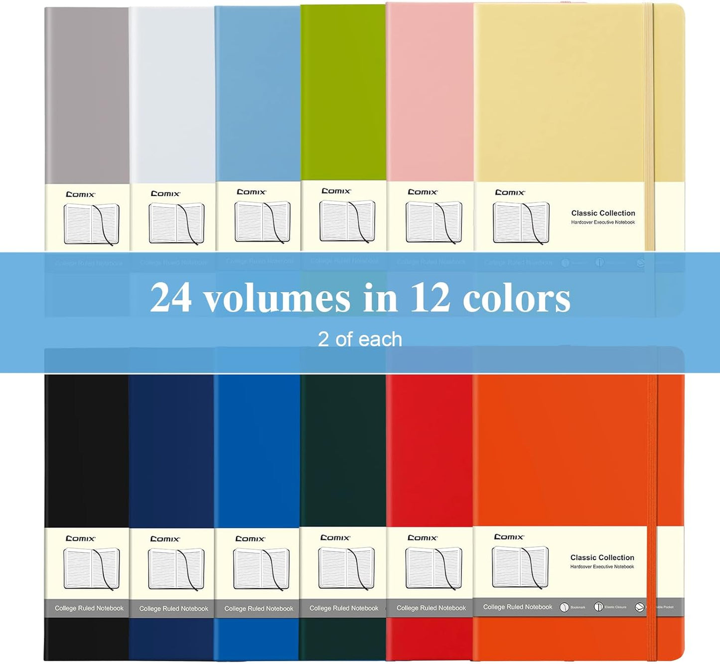 COMIX 12 Pack Lined Journal Notebooks, 240 Pages, Medium 5.5" x 8.3", Hardcover, Journaling Notebook for Work, Business Notebooks for School & Office, Journals for Women, Men
