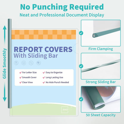 Binditek 10 Pack Clear Report Covers with Sliding Bars, 50 Sheet Capacity, 6mm Sliding Bar File Folder, Purple Gradient, for Students and Coworkers