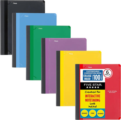 Five Star Interactive Notetaking Composition Book, 1 Subject, College Ruled Paper, 9" x 11", 100 Sheets, Customizable, Assorted Colors, 6 Pack (38612)
