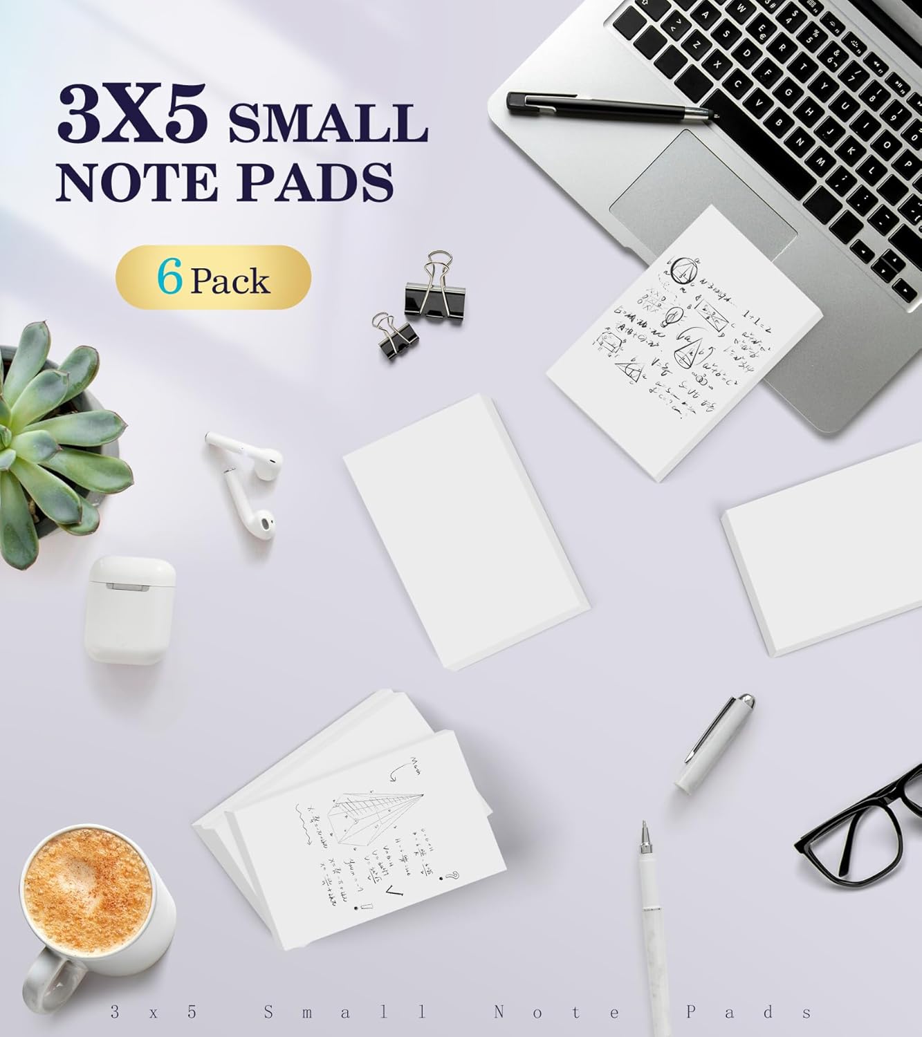 Notepads 3x5, 6 Pack Small Note Pads, Server Note Pad, Scratch Pads 3x5, Memo Pads White Paper, 50 Sheets per Blank Note pads 3''x5'', Small Writing Pads Pocket Notepads for Office School Home Supplies