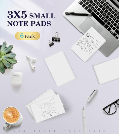 Notepads 3x5, 6 Pack Small Note Pads, Server Note Pad, Scratch Pads 3x5, Memo Pads White Paper, 50 Sheets per Blank Note pads 3''x5'', Small Writing Pads Pocket Notepads for Office School Home Supplies