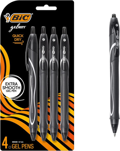 BIC Gelocity Quick Dry Black Gel Pens, Medium Point (0.7mm), 4-Count Pack, Retractable Gel Pens With Comfortable Full Grip