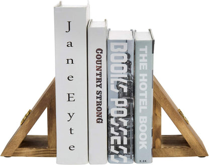 MyGift Brass Wood Decorative Bookends Triangular Design, Office Desk Wooden Book Ends, Book Stand for Shelves with Tone Ring Accent, Rustic Burnt