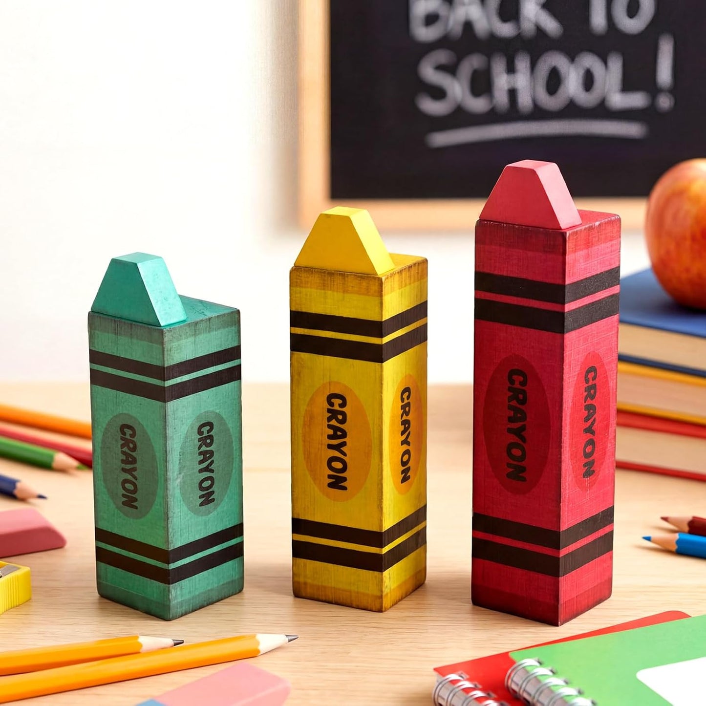 GlikCeil 3 Pcs Teacher Appreciation Week Table Decorations Wooden Classroom Decor Wood Pencil Notebook Paper Tiered Tray Decor for Teacher Desk, Back to School Party, Classroom Shelf
