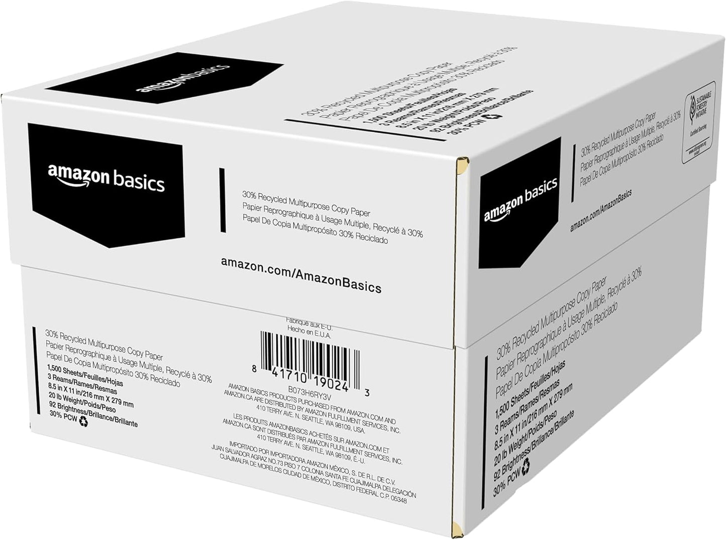 Amazon Basics 30% Recycled Multipurpose Copy & Print Paper, 8.5 x 11 Inches, 20 lb Weight, 92 Bright, White, FSC Certified, 1500 Sheets (3 Reams)
