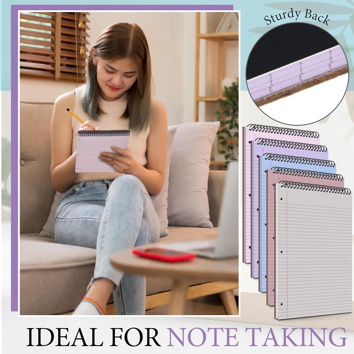 MotiMind 10 Pack 8.5" x 11" Top Spiral Notebook with 3 Hole Punched Morandi Colors Legal Pads College Ruled Notepad 50 Sheets Hard Cardboard Paper Wirebound Notepad for Office School Business