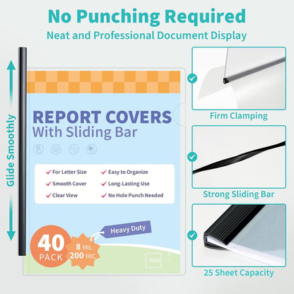 Binditek 12 Pack Clear Report Covers with Black Sliding Bars, 70 Sheet Capacity, 9mm Binding Bars, Letter Size, 5.5 Mil Thick, Black, for Students and Coworkers