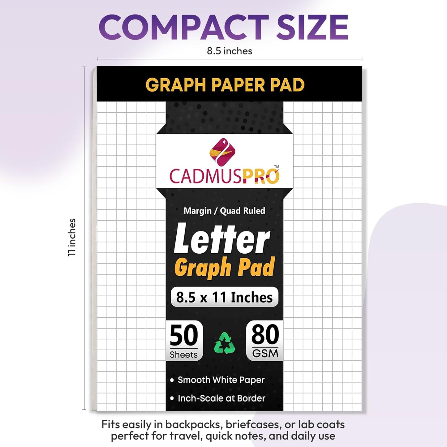CADMUSPRO Graph Paper Pads 8.5x11 inch, 50 Sheets, Double-Sided, 80 GSM Quadrille Grid Math Notebook for students, Engineering Pad & Blueprint Drafting Paper, Architecture Sketch