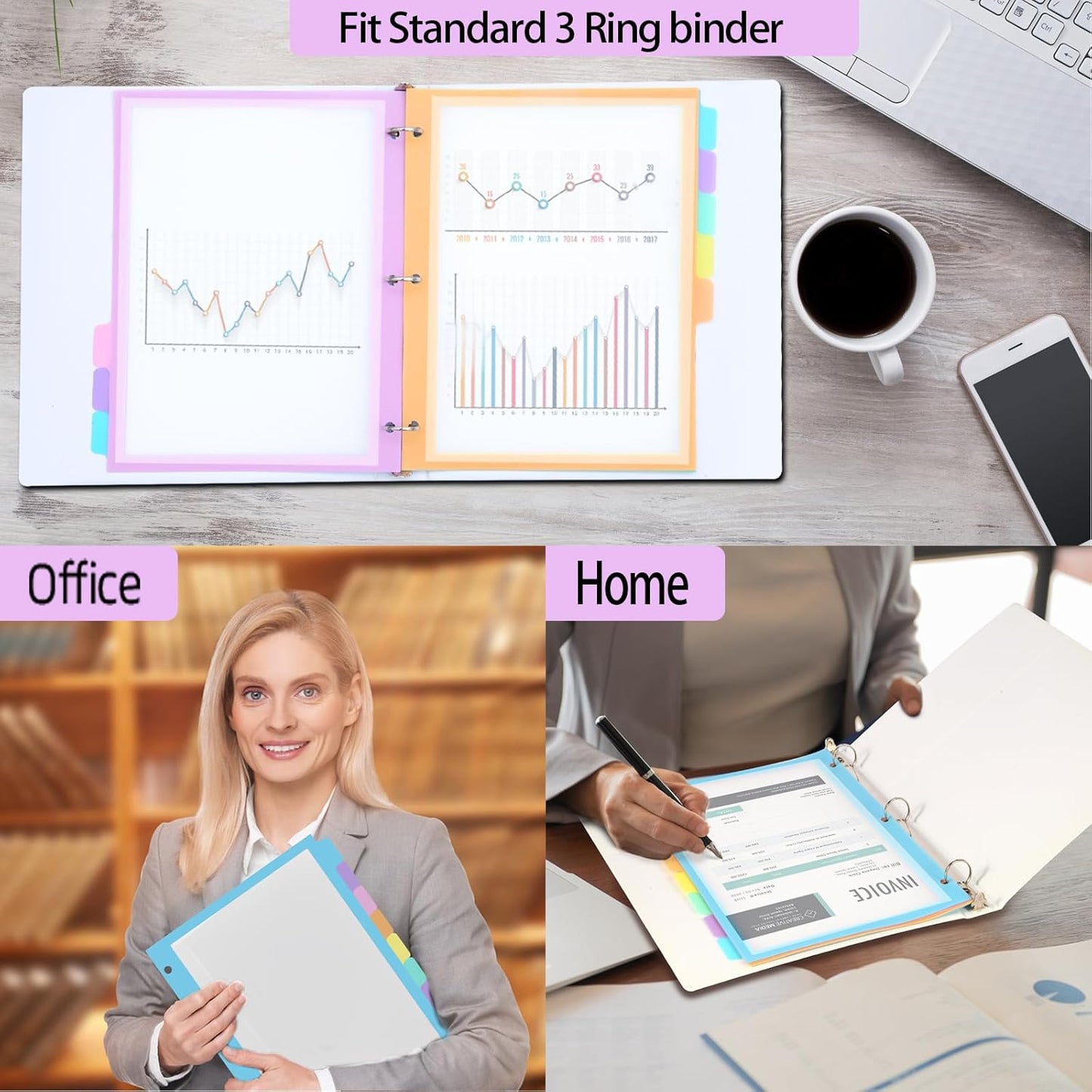 16Pcs/2 Set 8 Tab Dividers, Clear Plastic Binder Dividers with Tabs, for 3 Ring Binder, Letter Size, Multicolor