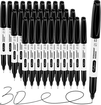 Black Ultra Fine Point Permanent Markers, Extra Fine Tip, Quick Drying and Waterproof, Fade Resistant Perfect on Paper, Glass, Metal, Plastic, Wood, Office & School Use, 30 Pack