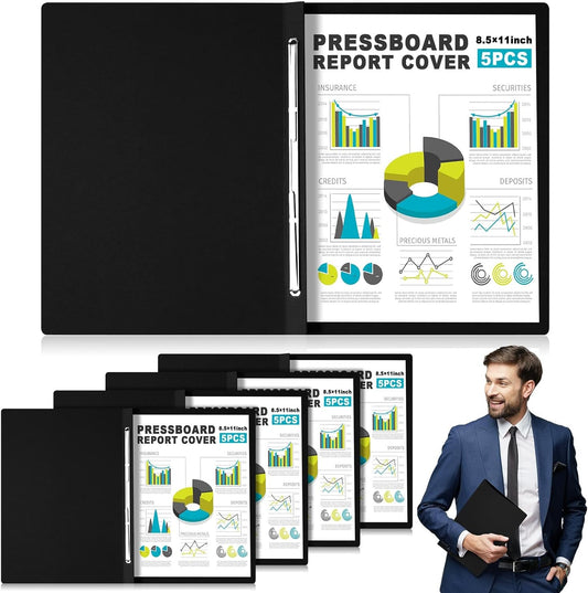 Dunzoom 5 Pcs 8.5 x 11 Inch Pressboard Report Cover, 3'' Capacity, Presentation Binder Folder with Metal Prong for Business, Presentations, Contract, Proposal and Other Documents Management (Black)