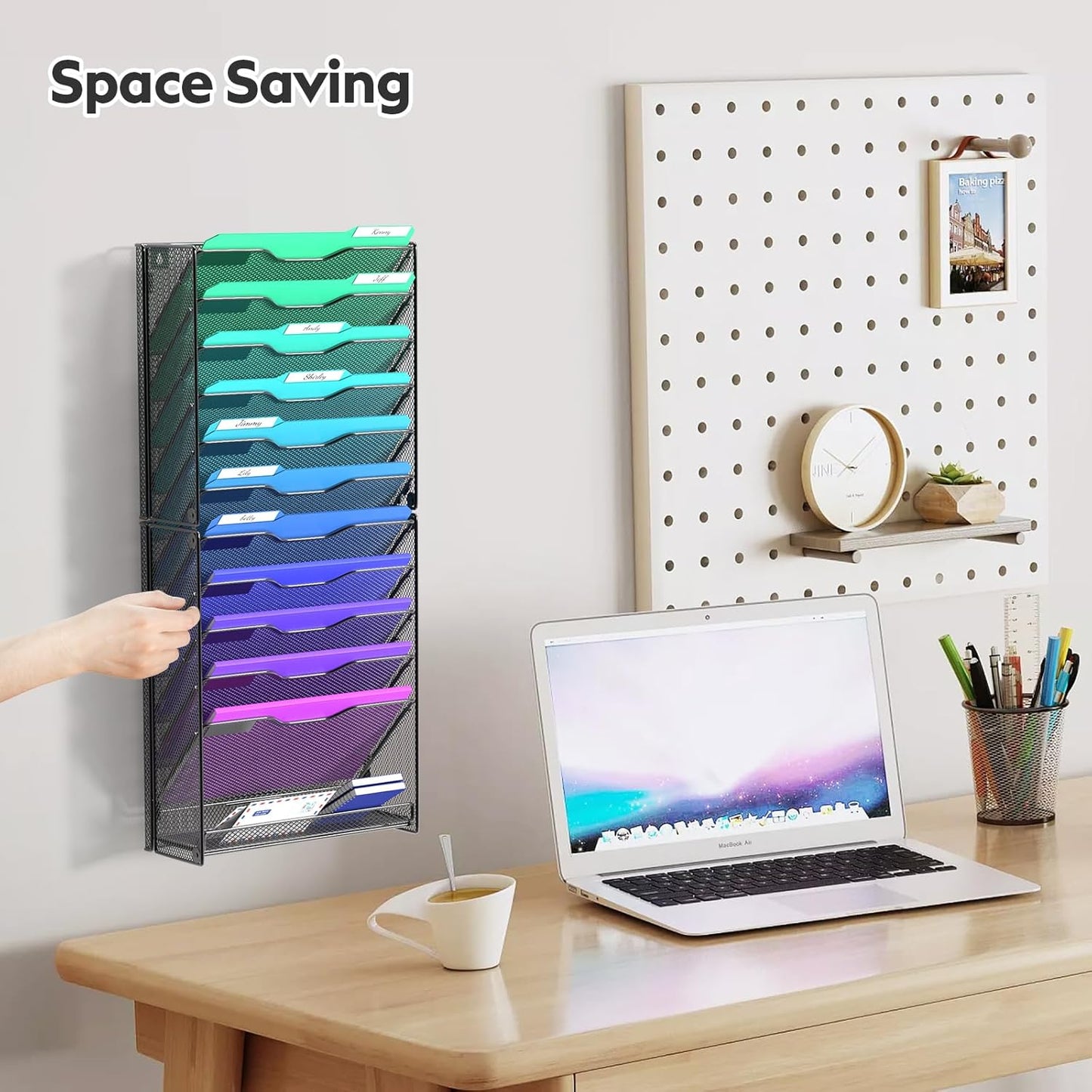 samstar 10 Tier Wall File Organizer, Hanging Wall Mount File Holder Paper Folder Mail Organizer, Mesh Metal, Black.