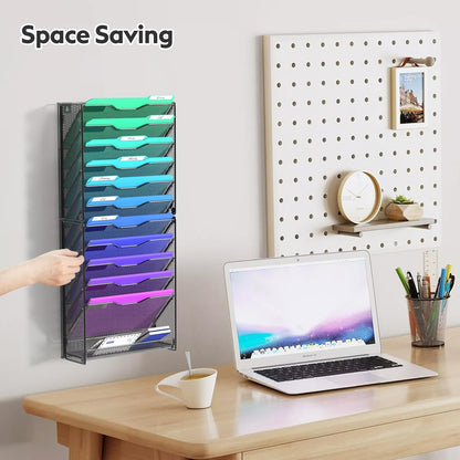 samstar 10 Tier Wall File Organizer, Hanging Wall Mount File Holder Paper Folder Mail Organizer, Mesh Metal, Black.