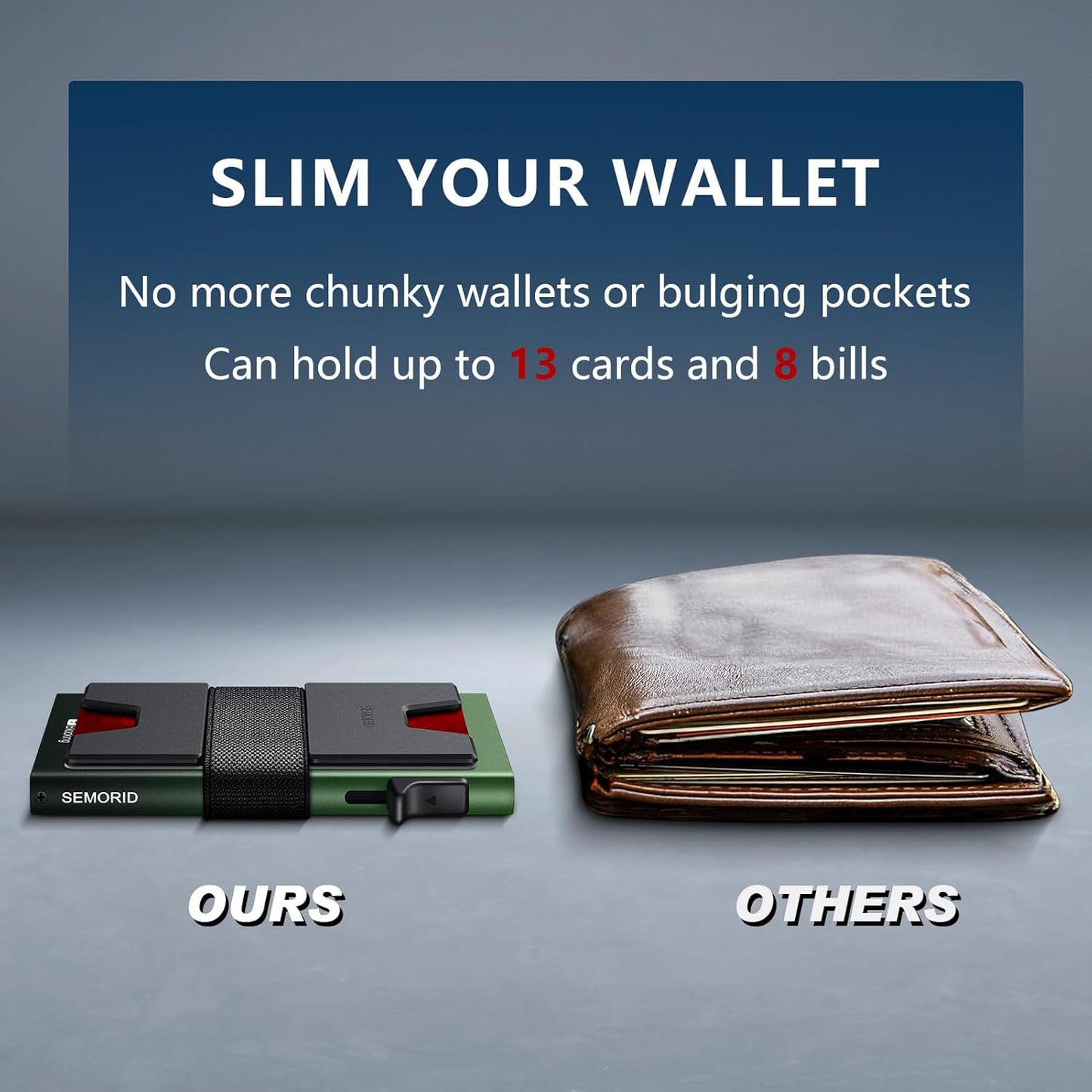 SEMORID Slim Aluminum Card Holder Wallet for Men, Durable Expandable Backplate, RFID Blocking Minimalist Metal Pop Up Wallet, Holds 12+ Cards Plus Cash (Black)