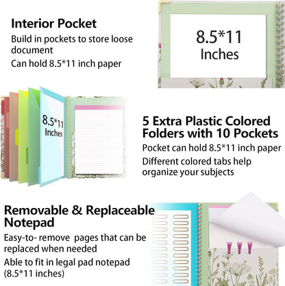 Clipboard Folder with Notepad Refillable Lined for Letter Size (11" x 8.5"), 5 Dividers with Storage 10 Pockets, Cute Spiral Foldable Clipboard with Metal Clip School Office Supplies (Sunflowers)