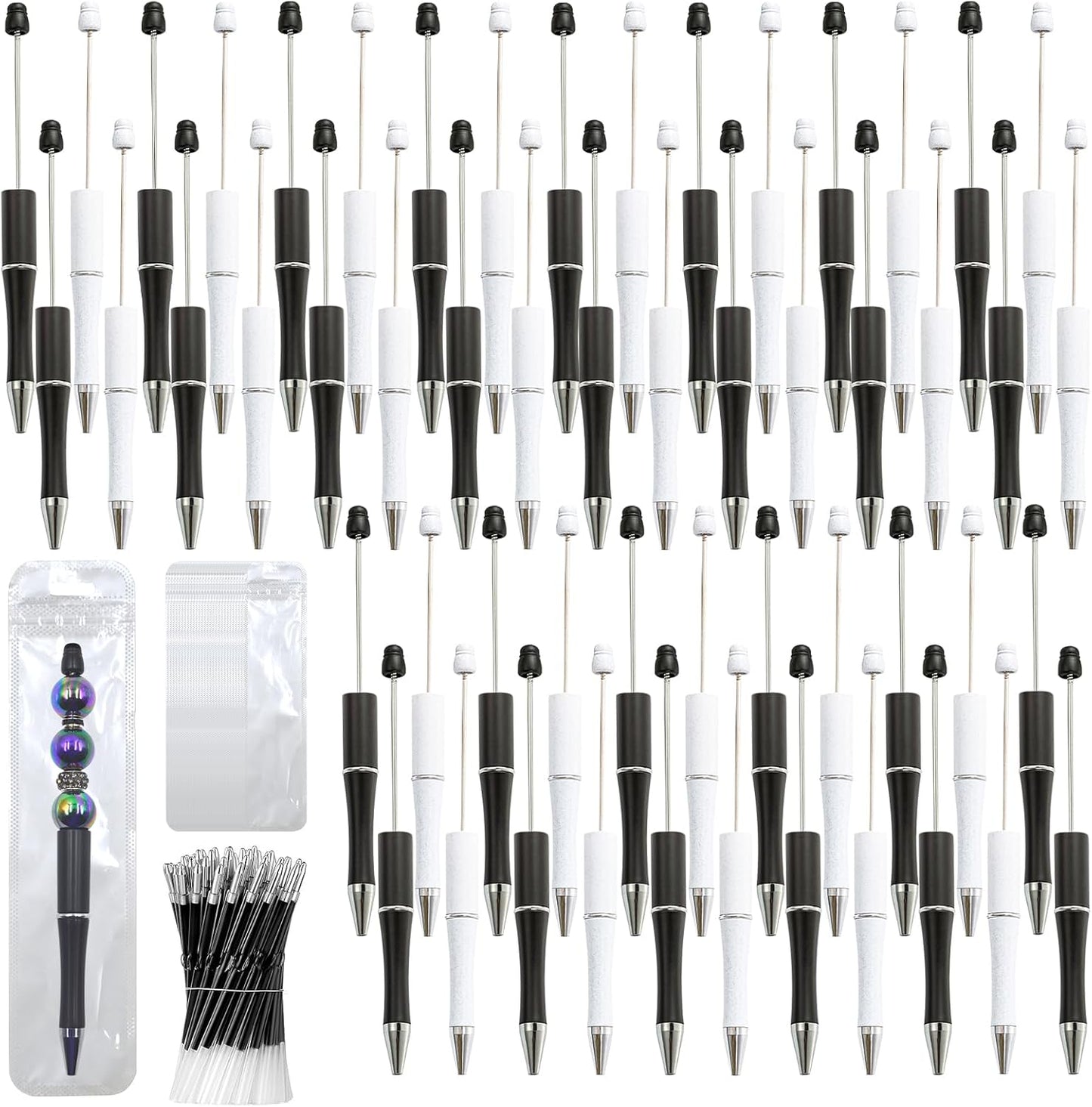 150 Pieces DIY Beadable Pen Kit – 50 Plastic Ballpoint Pens with Refills & Bags, Beads Not Included – School Supplies, Office Accessories & Craft Gifts for Students & Teachers (Multicolor)