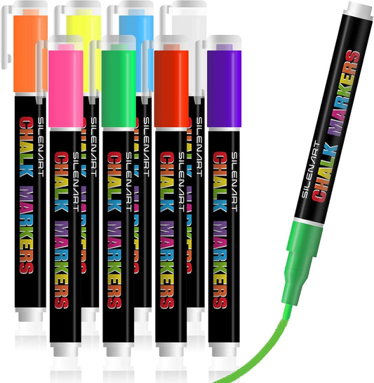 SILENART Liquid Chalk Markers - 8 Vibrant Colors - Chalkboard Markers for Blackboard Glass Window Car Dry Erase Board Acrylic Calendar Board Whiteboard- Wet Erase