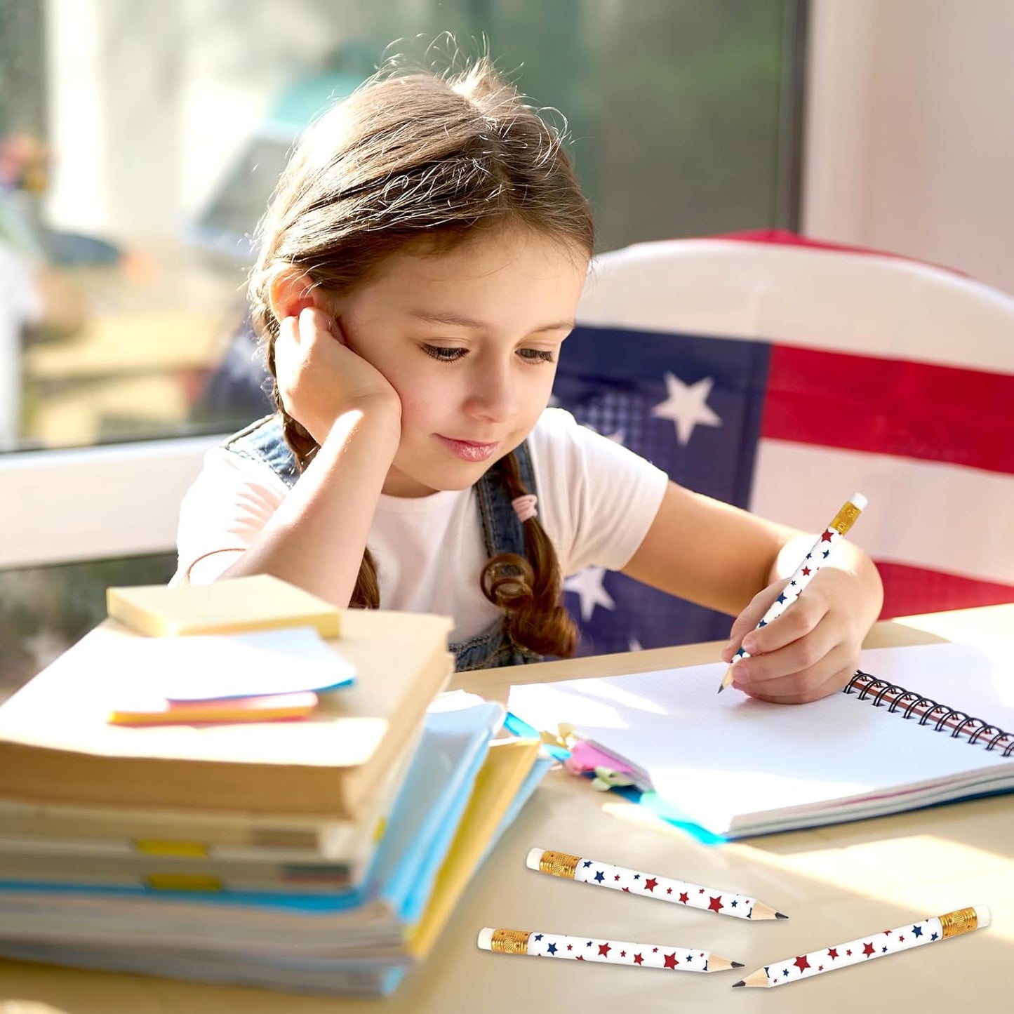 JarThenaAMCS 50Pcs Independence Day Pencil with Erasers American Flag Short Writing Wooden Pencils Red White Blue Patriotic Half Pencil for 250th Anniversary 4th of July School Office Supplies, 4 in