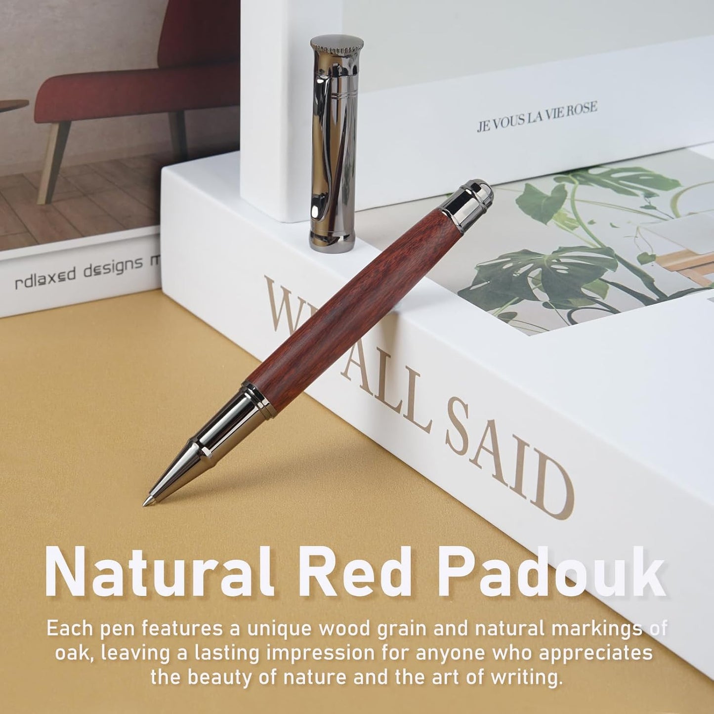 WEMATE Wood Rollerball Pen Set, Extra 2 Ink Refills(1 Black & 1 Blue), Fancy Writing Pen Nice Luxury Office Gift for Men, Professional and Executive, Cool Wooden Pen for Journaling - Red Padouk