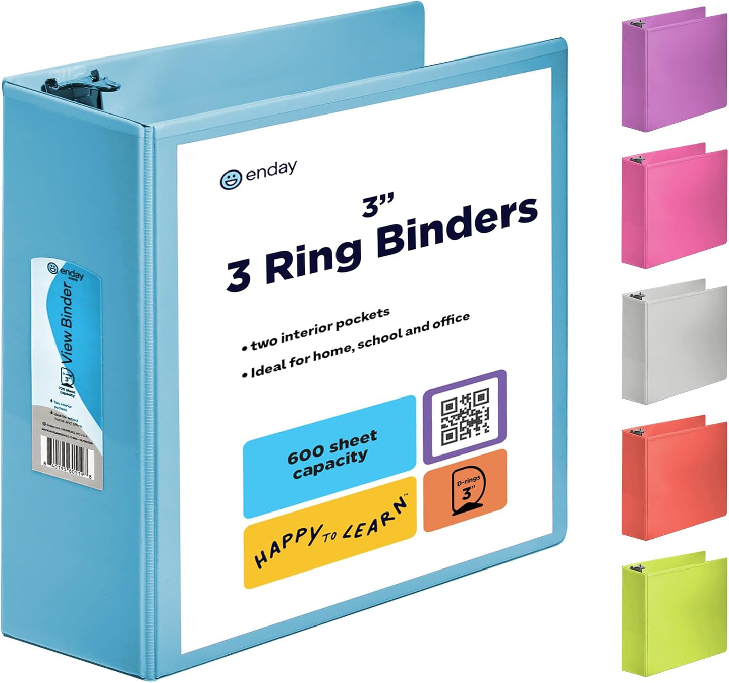 3 Inch Binder 3 Ring Binders Green, Slant D-Ring 3” Clear View Cover with 2 Inside Pockets, Heavy Duty Colored School Supplies Office and Home Binders – By Enday