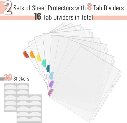 Mr. Pen- Clear Sheet Protectors with Tabs, 8.5x11 Inches, 8 Tabs, 2 Sets, Durable Clear Plastic Dividers for 3 Ring Binders, Insertable Index Page Divider with Multicolor Tabs