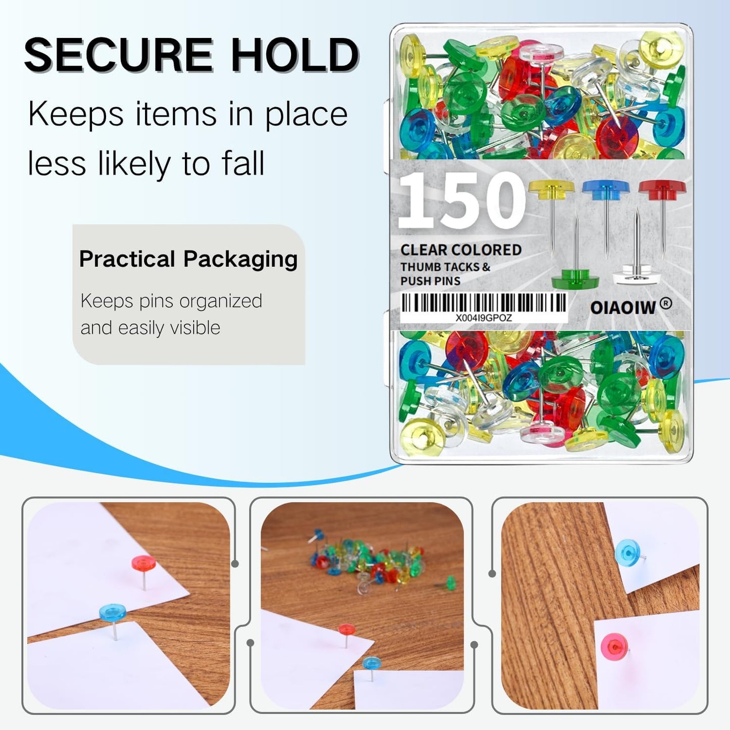 150 PCS Clear Push Pins Tacks Count in Reusable Box for Bulletin Boards and Wall Displays Heavy Duty Plastic Head