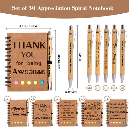 30 Sets Employee Appreciation Gifts Bulk Inspirational Spiral Notebook with Sticky Note and Motivational Bamboo Pens Thank You Gifts for Employees Coworkers,Teachers,Nurse,Office Staff,Team,Volunteer