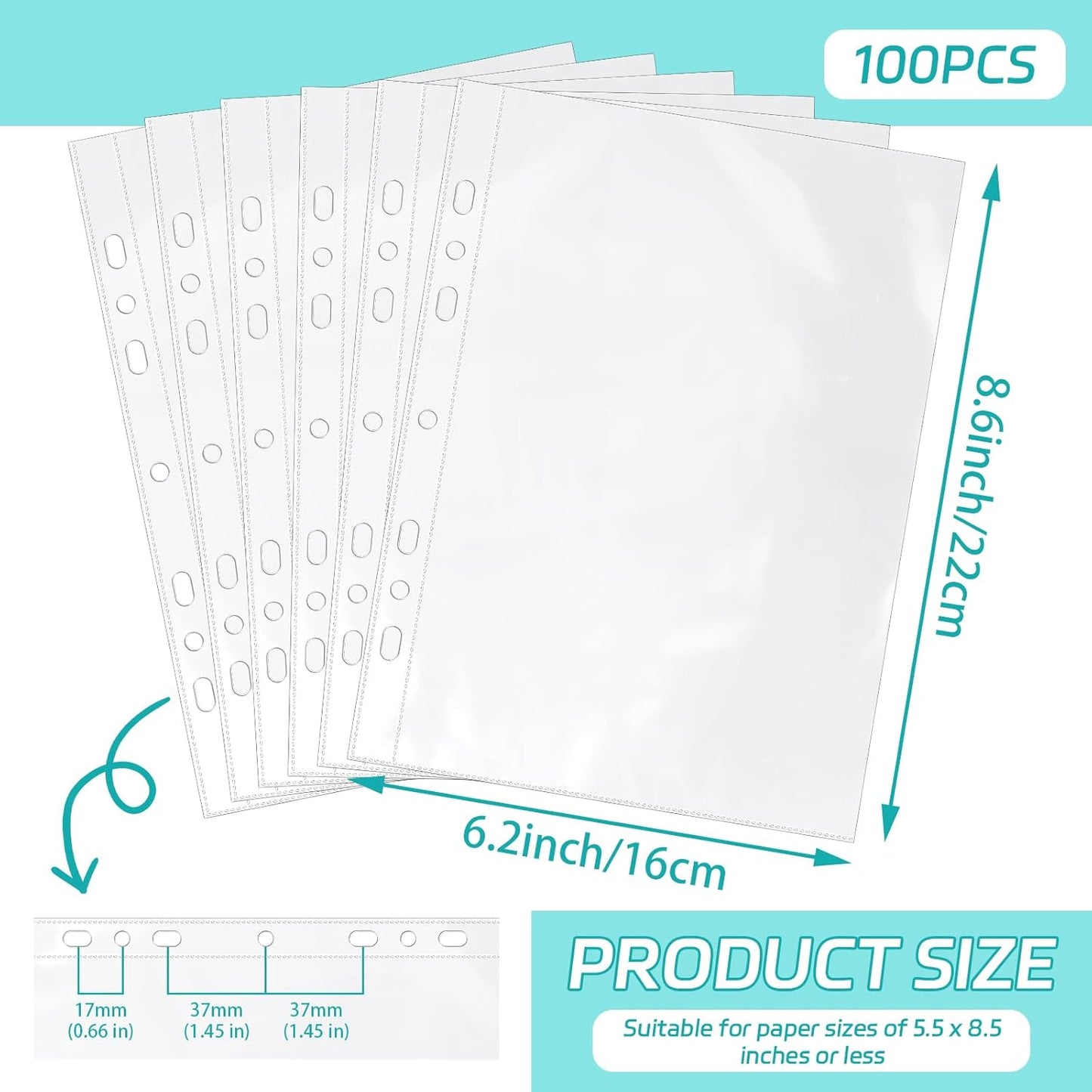 VOKOY 100 Pack 5.5x8.5 Inch Sheet Protectors for 3 or 6 Ring A5 Binder, Half Letter Size 7 Holes Mini Heavy-Duty Sheet Protector Sleeves Crystal Clear Playbill Binder Pockets