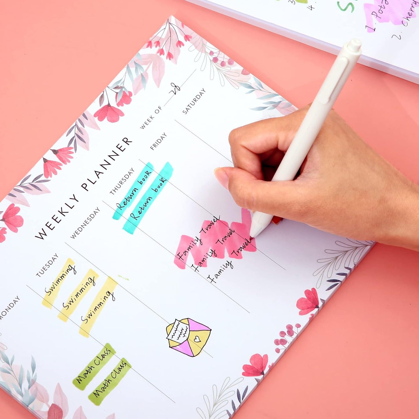 Weekly Planner Notepad Tear Off Set of 2 Weekly Calendar Pad 52 Undated To Do List Notepad Sheets Desk Planner Planning Pads Productivity Tracker for Work Goals Notes Schedule Ideas, Floral Blue