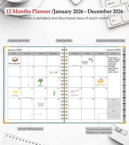 2026 Planner, Weekly and Monthly Calendar Planner from January 2026 - December 2026, 8.5" x 11" Hardcover Leather Hourly Appointment Book with Tabs, Spiral Daily Planners for School Work Home, Green