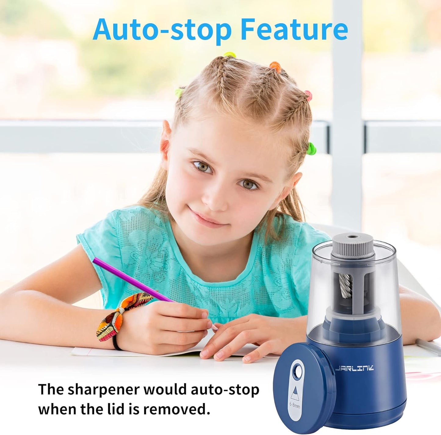 JARLINK Electric Pencil Sharpener, Heavy-Duty Helical Blade to Fast Sharpen, Auto Stop for No.2/Colored Pencils(6-8mm), AC Adapter/Battery Operated in School Classroom/Office/Home (Black)
