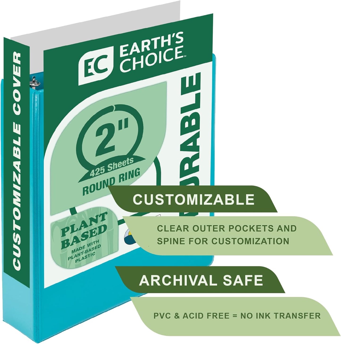 Samsill Plant-Based 2 Inch Durable Round Ring, View Binder, Eco-Friendly, USDA Certified Biobased, Single, Turquoise