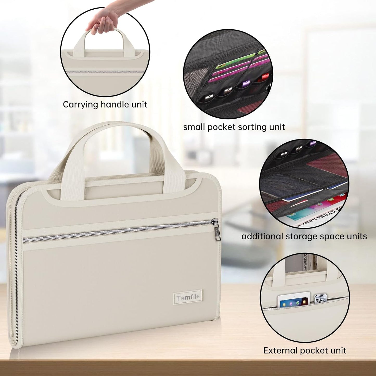 Tamfile Fireproof Accordion File Organizer with Handle, 13 Pocket Transparent Expanding File Folder with Zipper & Labels, File Folder with Multi-Pockets Paper Organizer Folder for Letter A4 Files