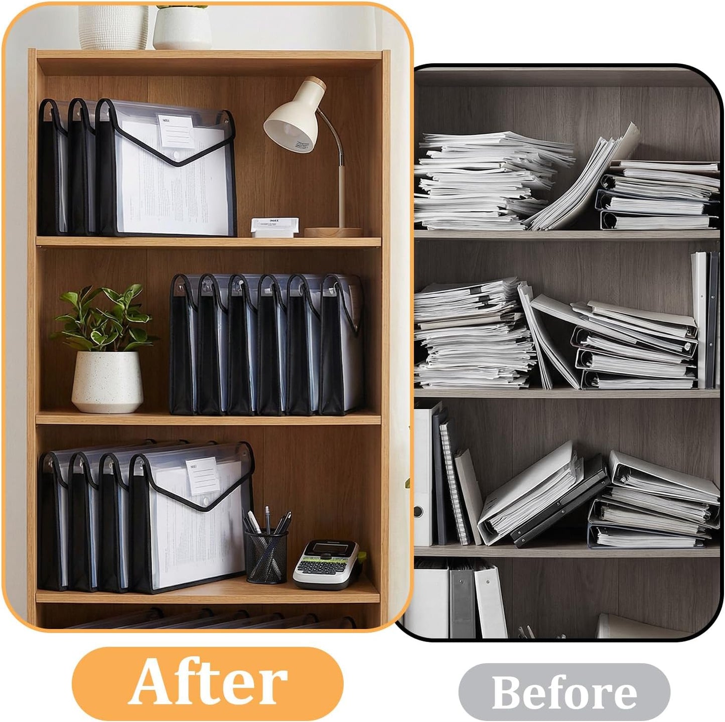 12 Pack Plastic Expanding File Folder, Folders for Documents with Snap Closure, Transparent Accordion File Pouch, A4 Letter Size Transparent Envelopes with Snap Closure (Black)
