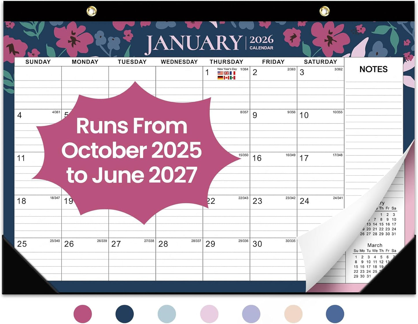 Desk Calendar 2026-2027, 21-Month Calendar Runs Until June 2027, Large 17" x 12" Monthly Desktop & Wall Calendar for Home & Office - Floral