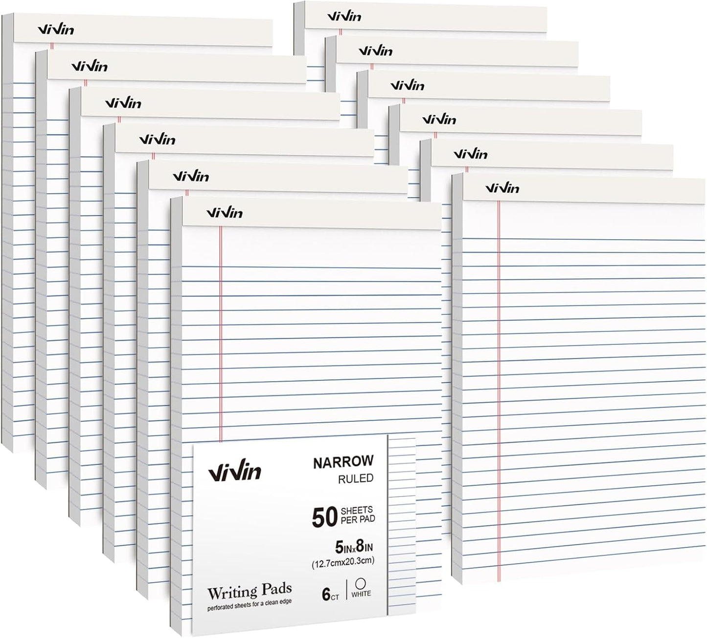 ViVin Legal Pads 8.5 x 11 Inch, Wide Ruled Note Pads, 12 Pack, 50 Sheet/Pad, Perforated Writing Pads, Notepads for Office Home School, 600 Sheets, White Paper