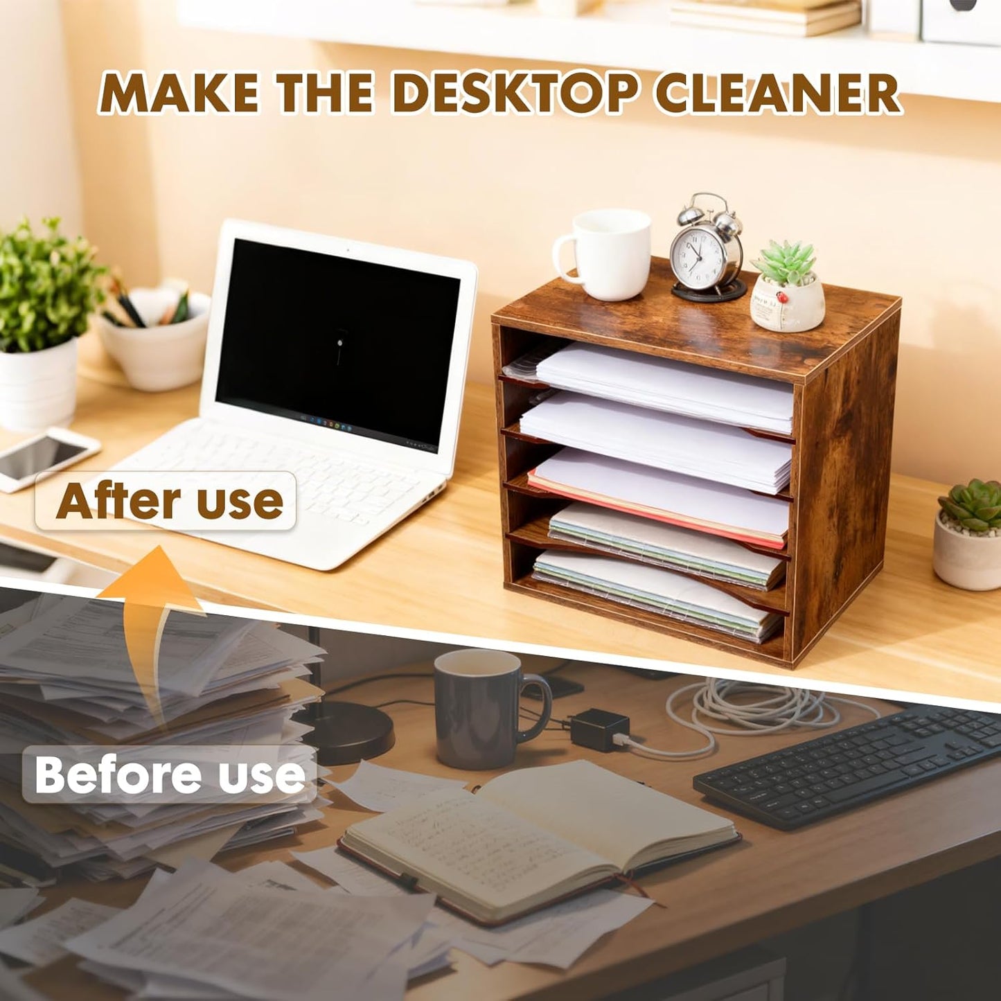 EMERIT 4-Tier Adjustable Paper Organizer, Large Capacity Desktop Organzier for Textbooks/Magazines/Office Files, Wooden Dividers, 7 lbs per Shelf, White