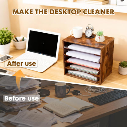 EMERIT 4-Tier Adjustable Paper Organizer, Large Capacity Desktop Organzier for Textbooks/Magazines/Office Files, Wooden Dividers, 7 lbs per Shelf, White