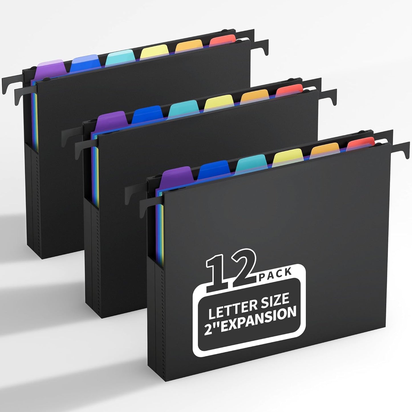 Uquelic Plastic Hanging File Folders Letter Size, 12 Pack Reinforced Heavy Duty Hang Folder with Movable Bright Dividers, Adjustable Tabs, 2" File Organizer for Filing Cabinet, School, Office