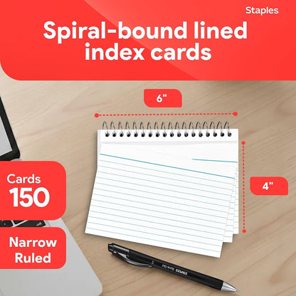 Staples Index Cards, 4" x 6", Lined, White, Acid‑Free, Micro‑Perforated, 150 Cards – Tear‑Off Ruled Cards for Notes & Projects