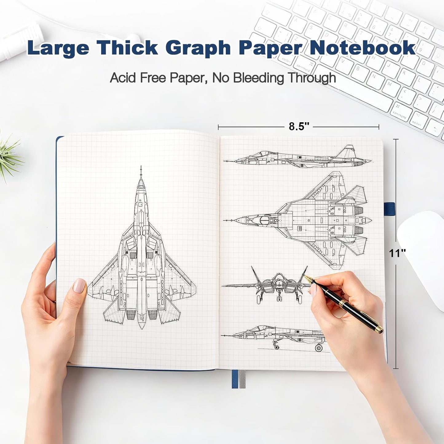 College Ruled Notebook, A4 Softcover Leather Notebook for Work, Lined Notebook Journal for Women, Men, 192 Thick Paper, Lay Flat, Large Notebook with 2 Pockets, Professional Business Notebook, Blue
