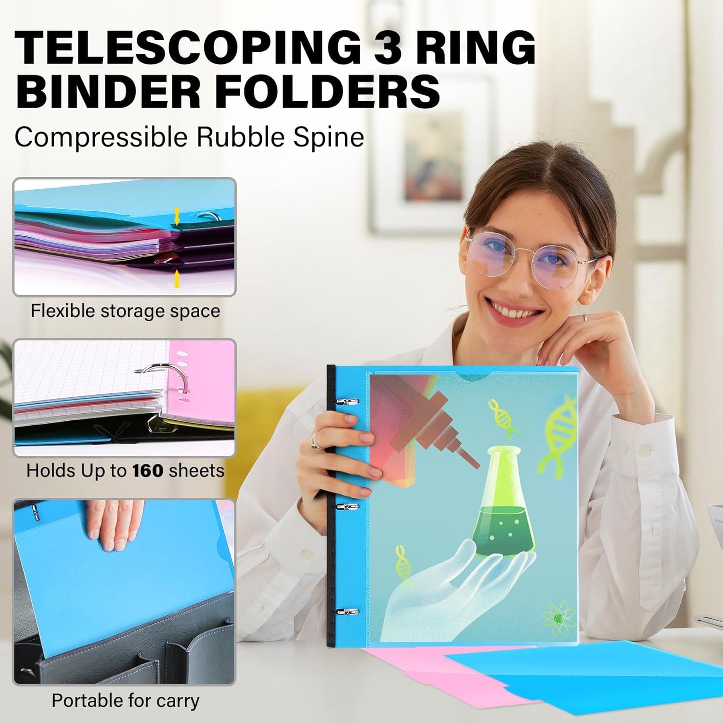 Telescoping 3 Ring Binder-4PCS, Flexible Binder with Elastic Rubble Spine+3 Round Rings, Flat Writing Binder, 4 Bright Colors
