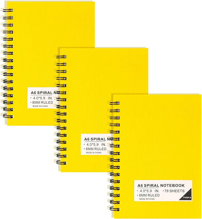 FLYING EAGLE 3 PCS Small Spiral Notebooks 4x6, A6 Cute Mini Journal Plastic Hardcover 8mm Ruled Notebook, Yellow 234 Sheets/468 Pages, 3 Pack Small Ruled Notebooks for School Work
